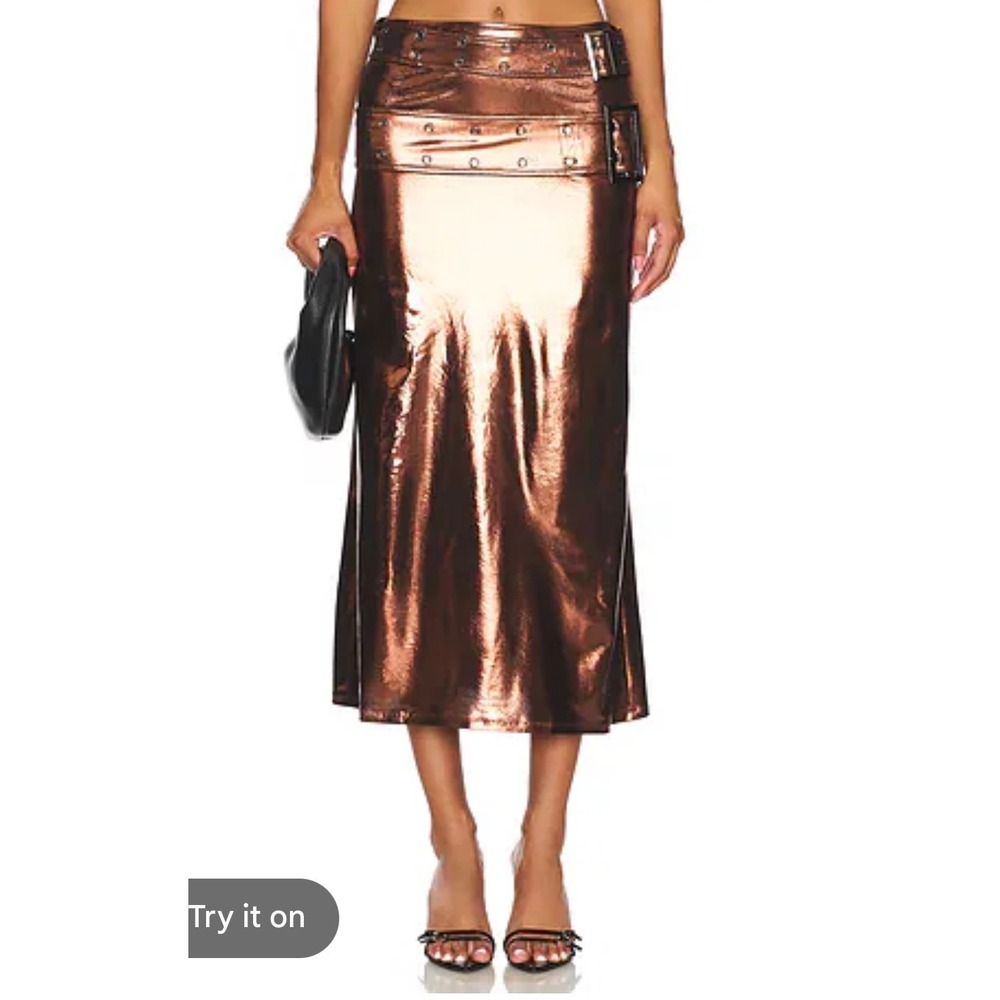 NWT WeWoreWhat Double Belt Midi Skirt Liquid Foil Brown Metallic Size 12